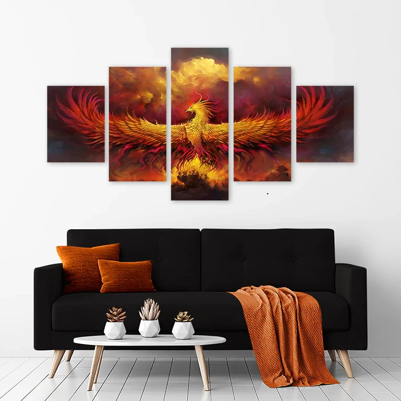 5 Panels Faming Phenix Posters Canvas Prints Abstract Animal Painting Wall Art Pictures for Living Room Home Decoration No Frame