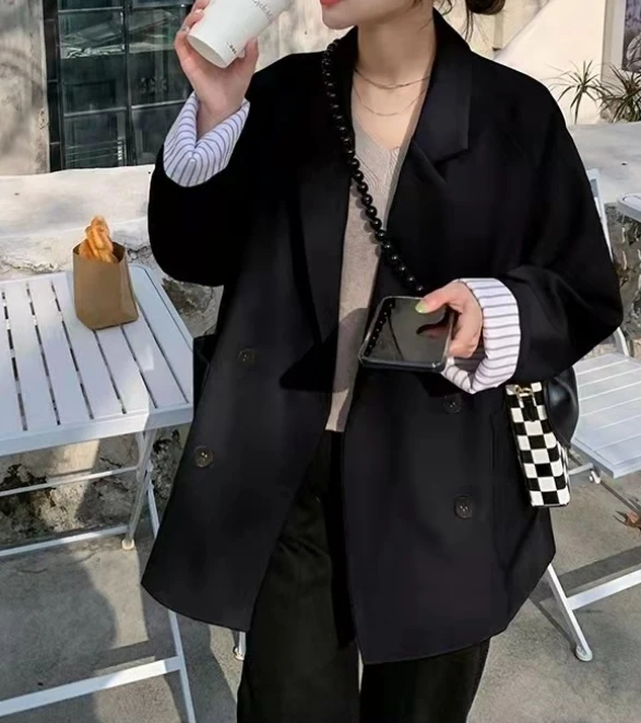 Women's Cardigan Coat 2025 Autumn Winter Latest Mid Length Double Breasted Casual Small Suit Loose Contrasting Color Suit Jacket