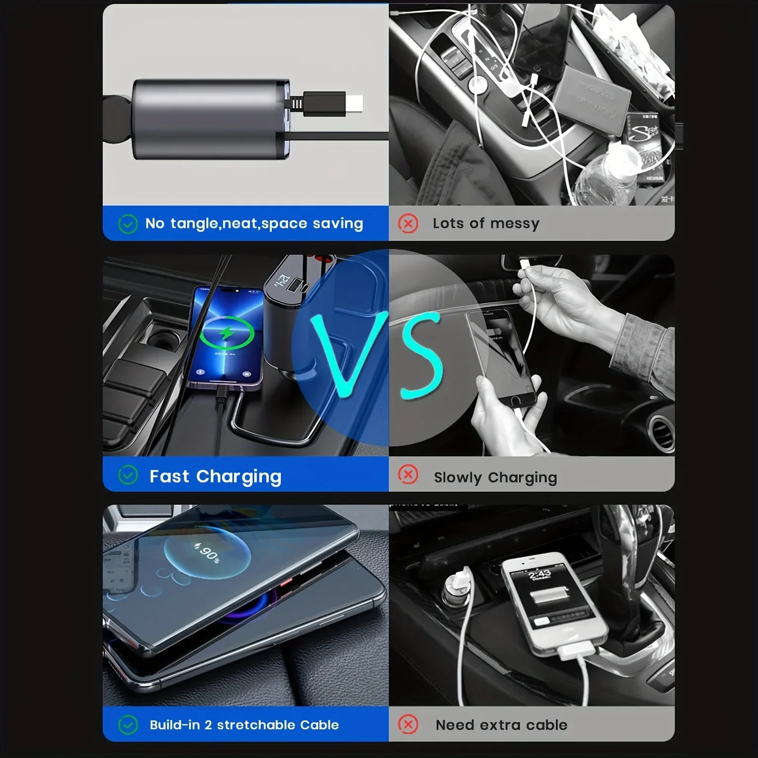 Cargador de coche 4 en 1 con Cable retráctil Dual, puerto Dual USB C PD, adaptador de enchufe de carga rápida para coche con pantalla de voltaje