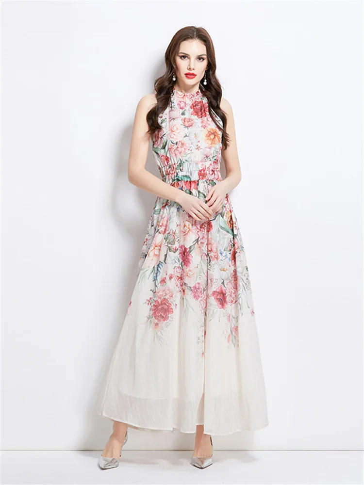 Elegancki kwiatowy nadruk Vintage O-Neck bez rękawów długa, maksi sukienka na co dzień bez rękawów w pasie wakacje plaża odzież damska