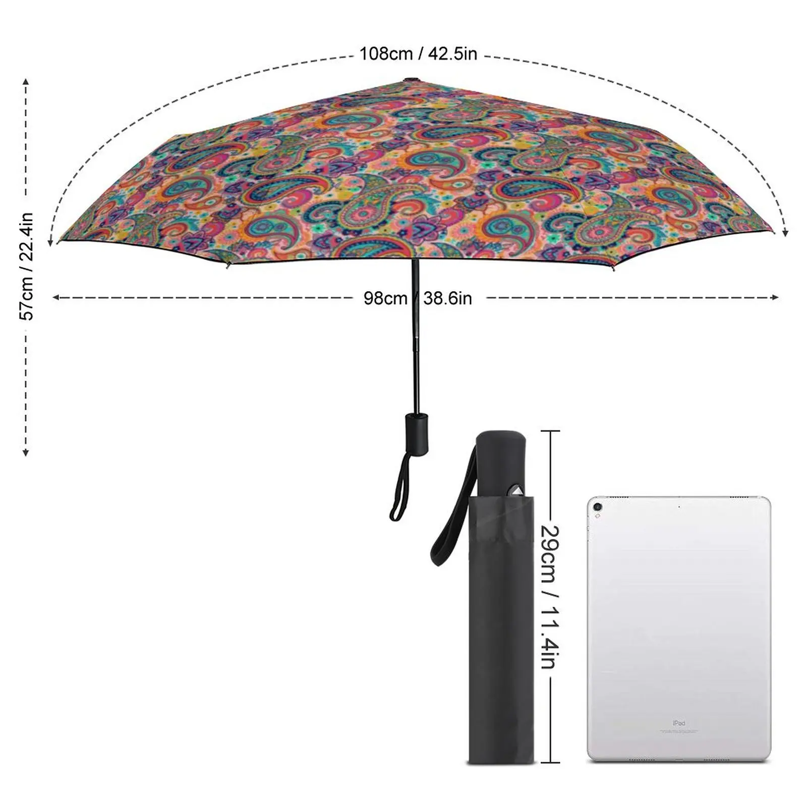 Multicolor Paisley Print 3 Fold Umbrella Beach Black Coat Umbrellas UV Protection Lightweight Automatic Umbrella