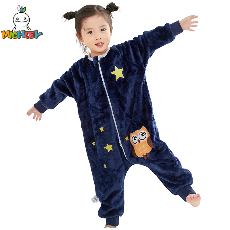 MICHLEY prezenty na Halloween sowa śpiwór dla dzieci śliczny flanelowy worek śpiwór gruba ciepła bielizna nocna nadający się do noszenia koc body 1-6T