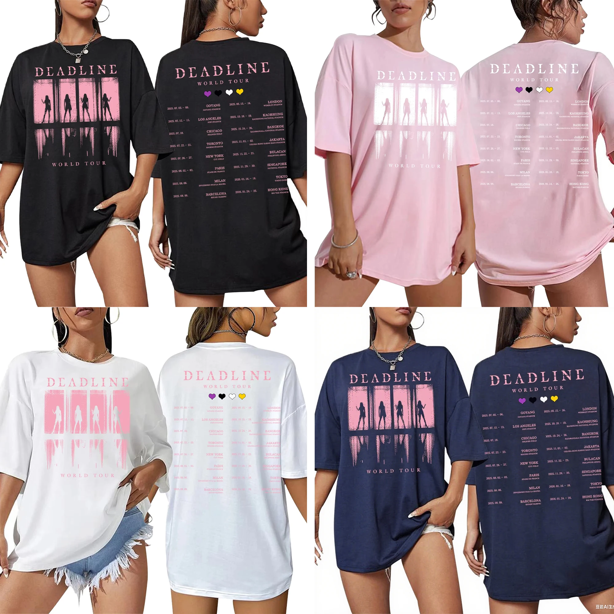 Korean Popular Idol Deadline Black World Tour Tshirt Oversized Loose Fashionable Streetwear Tee Summer Women's Casual Cotton Top