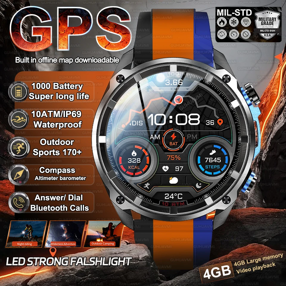 

Military GPS Smart Watches Men Built-in Offline Map 10ATM Waterproof LED Flashlight Rugged Tactical 1000mAh Fitness Smartwatch