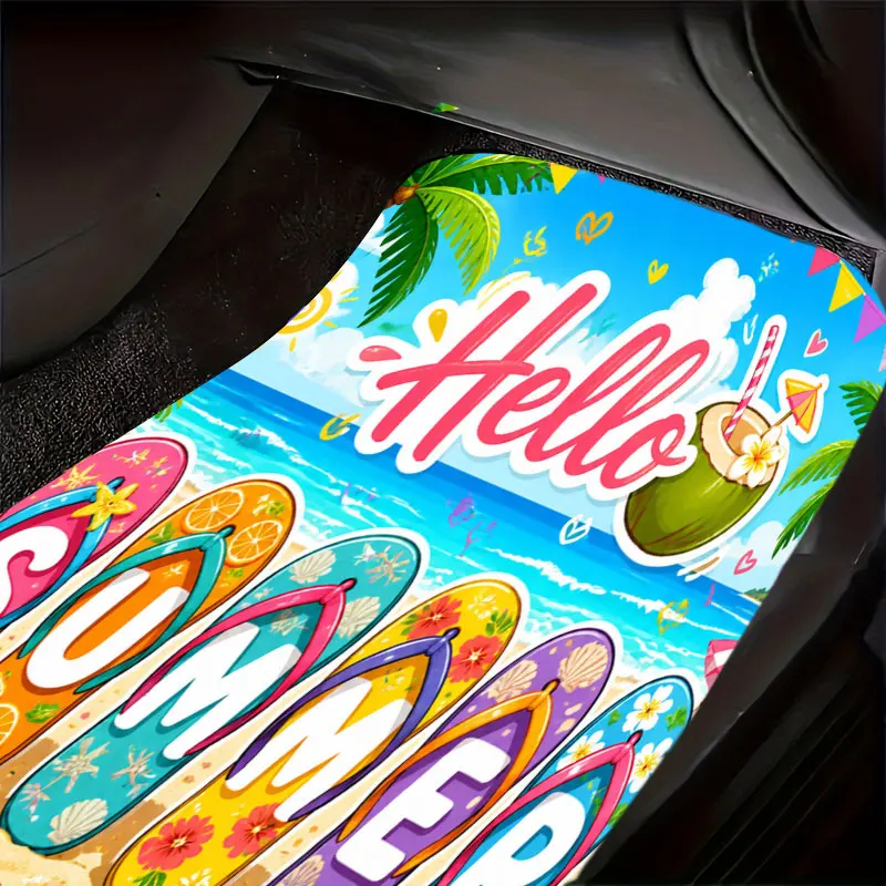 'Hello Summer' Flip-Flop Letter Car Floor Mats, 4pcs Universal Set, Colorful Tropical Flip-Flops Spell SUMMER on a Beach Scene w
