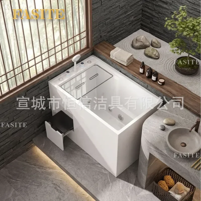 For Small Apartment Japanese Deep Soaking Square Acrylic Bathtub with Folding Stool Seamless Integrated Independent Household