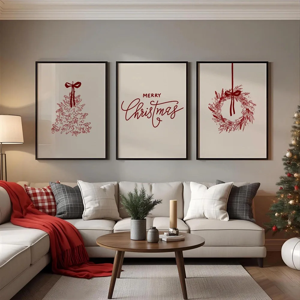 2D Flat Frameless Triple Christmas Wall Painting Lines Bow Christmas Tree Wreath Slogan Canvas Painting