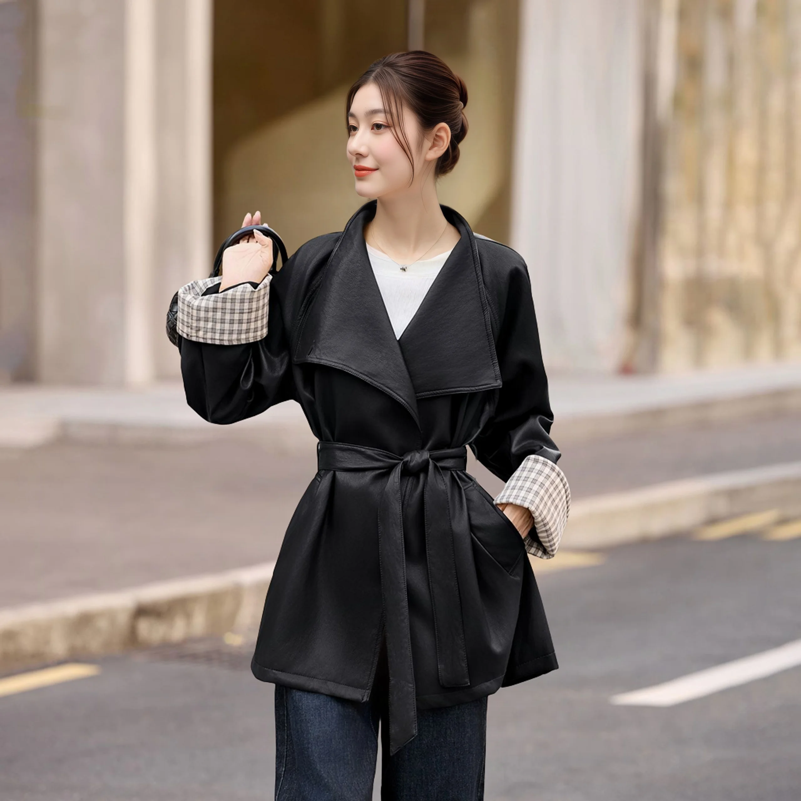 

Faionable Versatile Long Sve Leather Jaet Women's Autumn Wear 2025 New Sle Belted Slimming Mid-Length Top