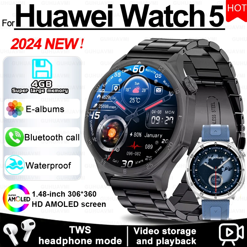 Для Huawei Watch5 Смарт-часы Мужские 4 ГБ памяти Сапфировый экран NFC Bluetooth Вызов Спорт на открытом воздухе Водонепроницаемые умные часы Новые обновленные