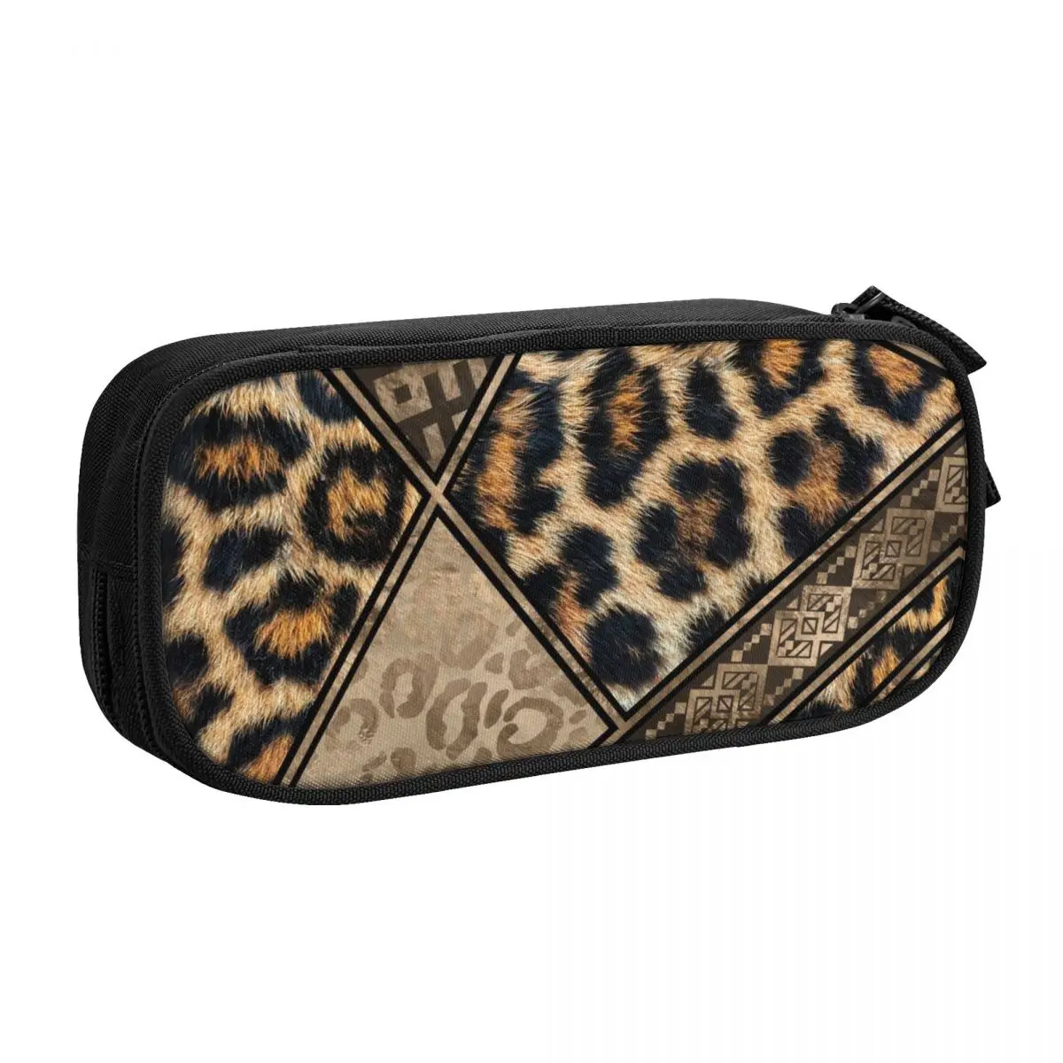 Custom Leopard Fur Ethnic Tribal Geometric Ornaments Pencil Case for Big Capacity Animal Leather Texture Pencil Pouch Stationery