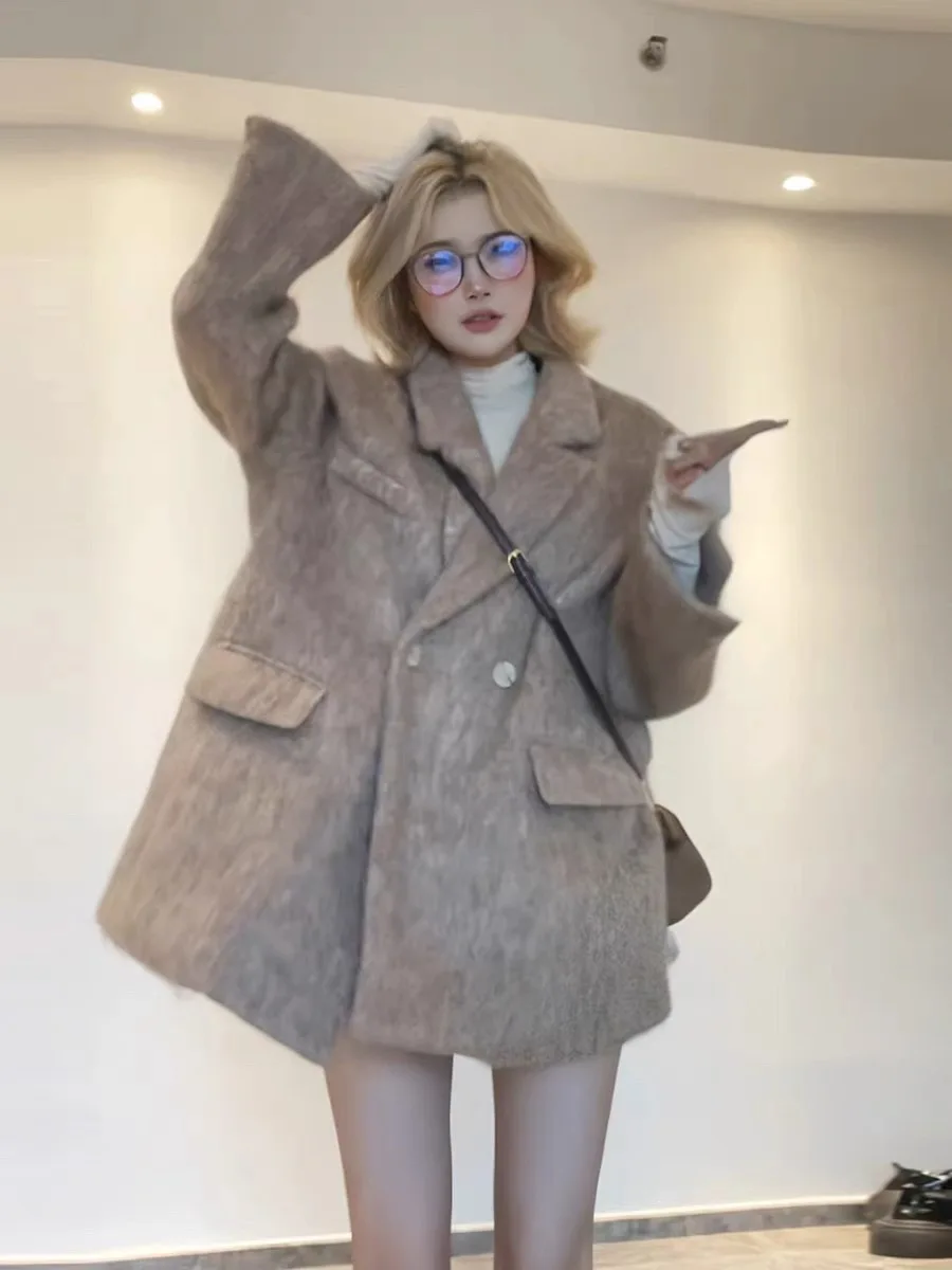 Korean Style Women's Loose Woolen Coat Autumn Winter Vintage Brown Wide Lapel Suit Jacket Long Sleeve Thickened Daily Wear