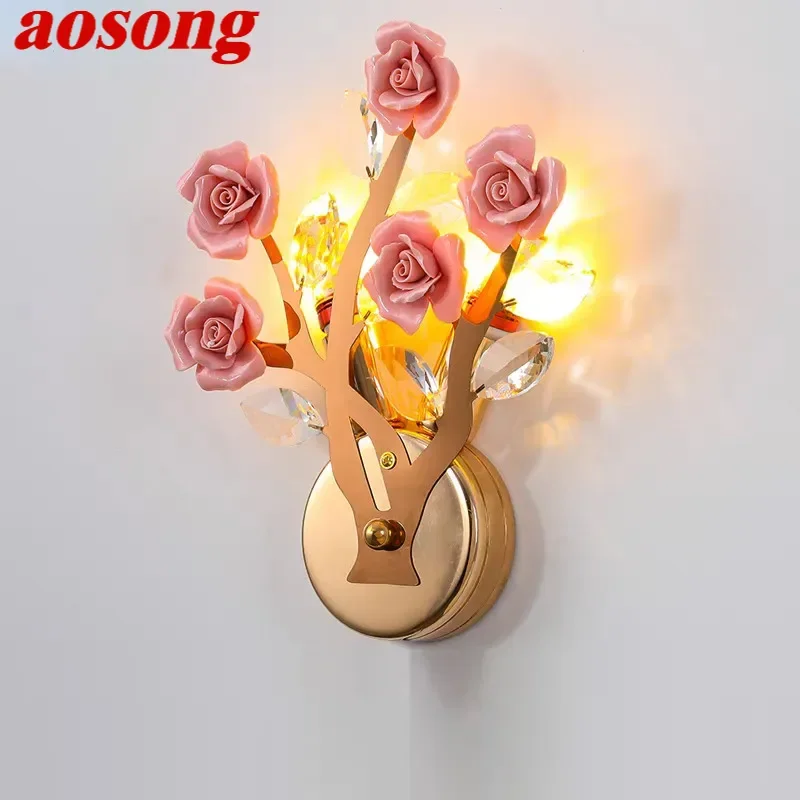 AOSONG Contemporary Crystal Wall lamp Creativity Ceramics Rose Blossoms Living Room Bedroom Girl's room Villa LED Bedside Light