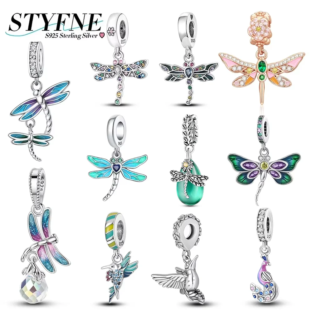 Original 925 Silver Charm Beads Dragonfly Hummingbird Peacock Snail Pendant Fit Bracelet Charm Making Jewelry Women Gift