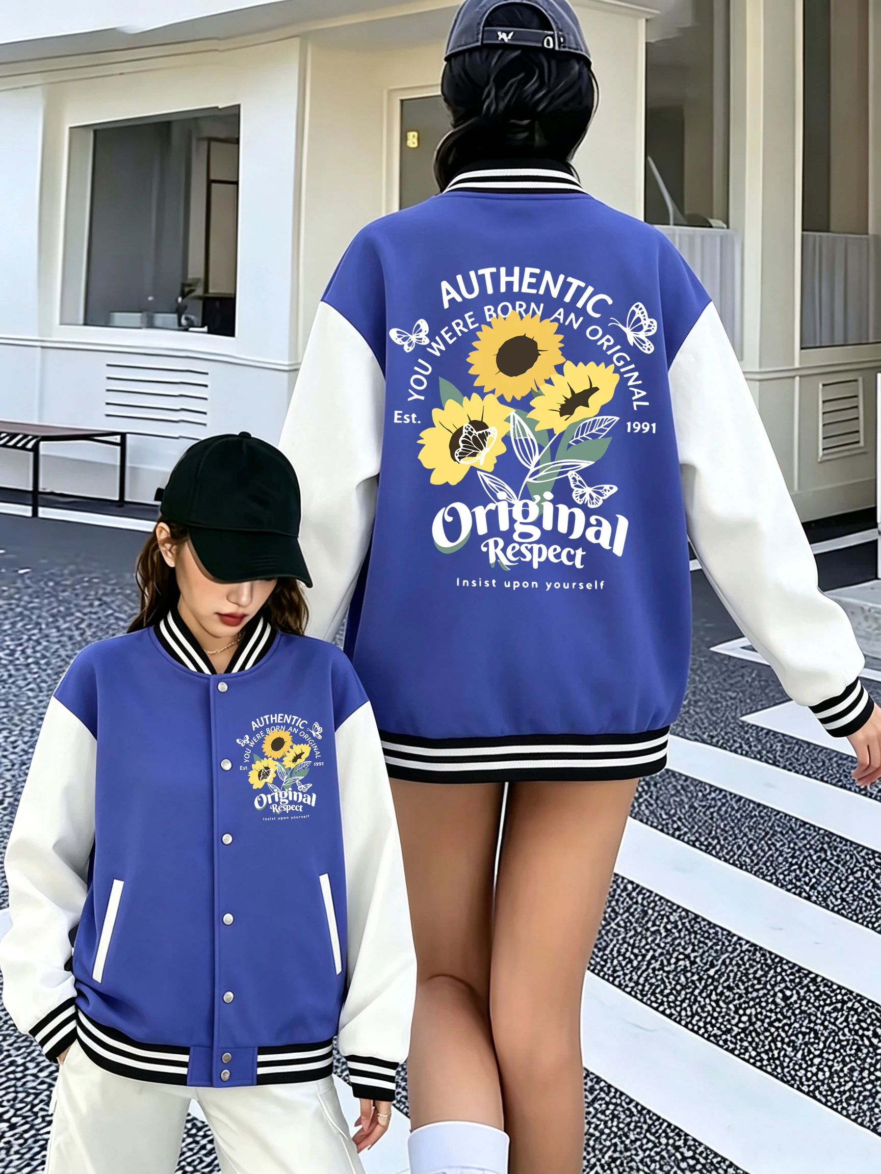 Sunflower Butterfly Respect Pattern Women Streetwear Cotton Jacket Colorful Loose Baseball Uniform Autumn All-Match Clothes