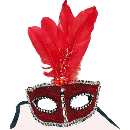 Sable Beads Embroidered Ruched Feathered Christmas Party Mask Red Color