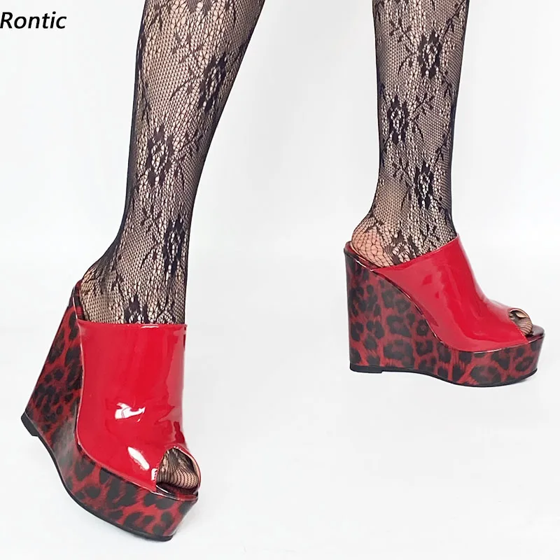 

Rontic New Arrival Women Mules Sandals Leopard Patent Leather Wedges Heels Open Toe Purple Red Blue Party Shoes Size 34 45 47 52