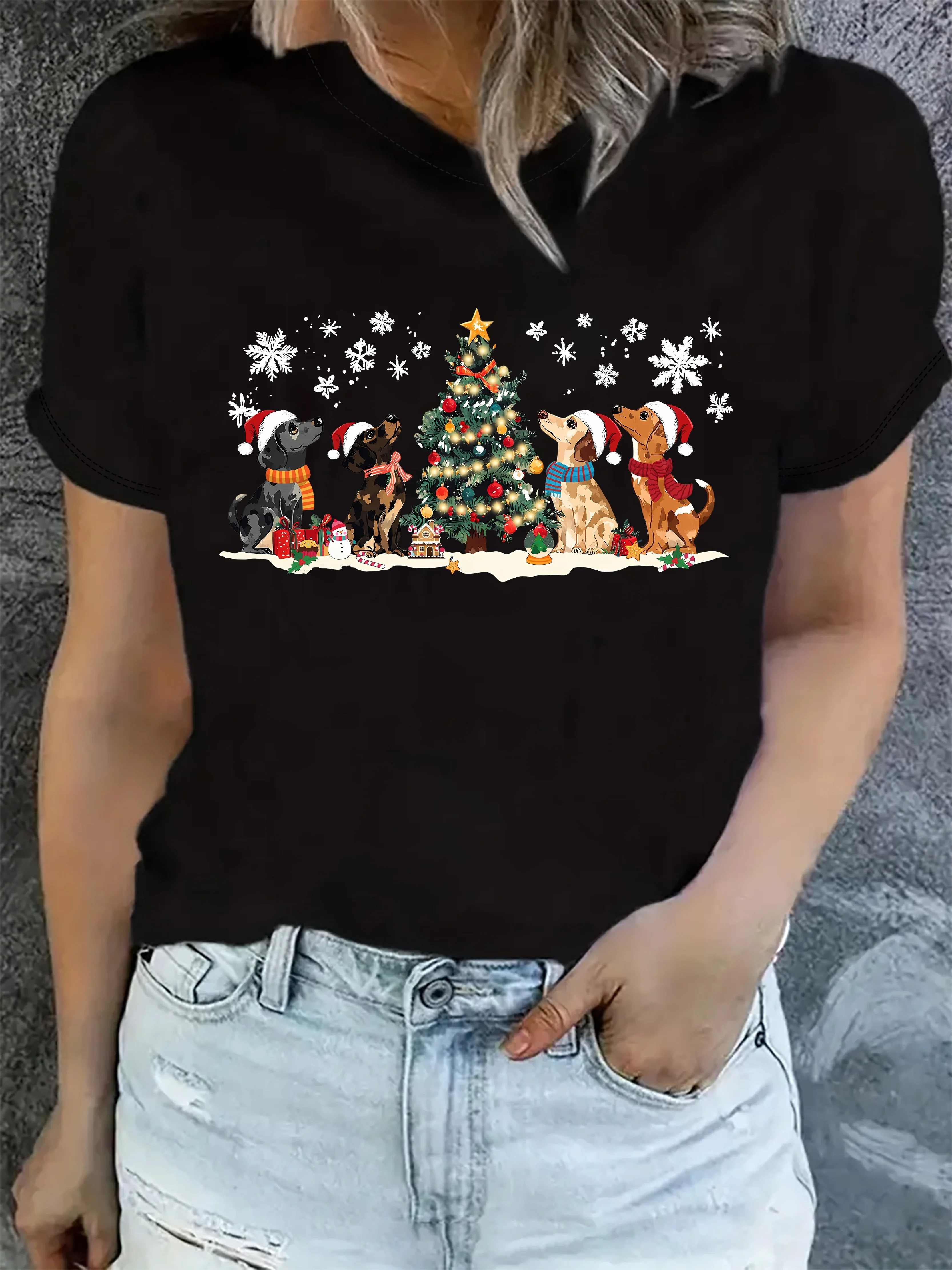 Luźne, wygodne koszulki świąteczne z motywem świątecznym, z czapką Świętego Mikołaja, laskami cukrowymi, koszulki świąteczne, t-shirty, koszulki damskie, t-shirty Y2k