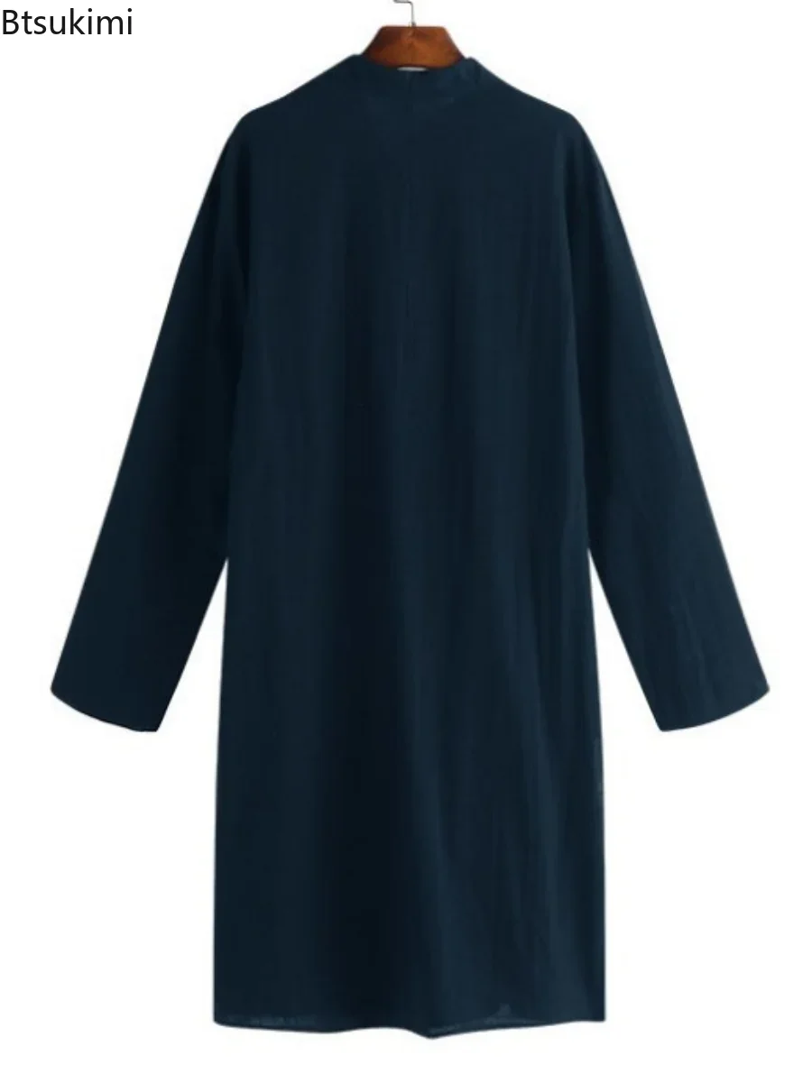 Chemise décontractée à manches longues pour hommes, vêtements islamiques pour hommes, mode musulmane, robes longues, monochromatique, arabe, simple, Thobe Jubba, nouveau, 2024