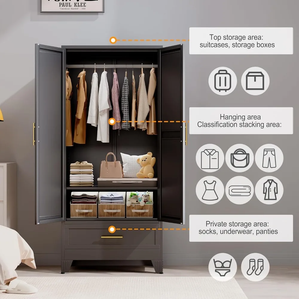 خزانة ملابس معدنية طويلة مع مرآة ودرج وأرفف قابلة للتعديل وقضيب تعليق لغرفة النوم #6