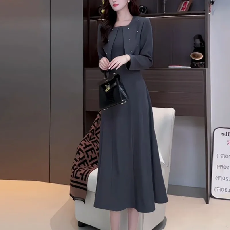 

Новое офисное женское платье, женский маленький аромат, осенний элитный элегантный короткий жакет с длинным рукавом + жилет, платья, комплект из 2 предметов