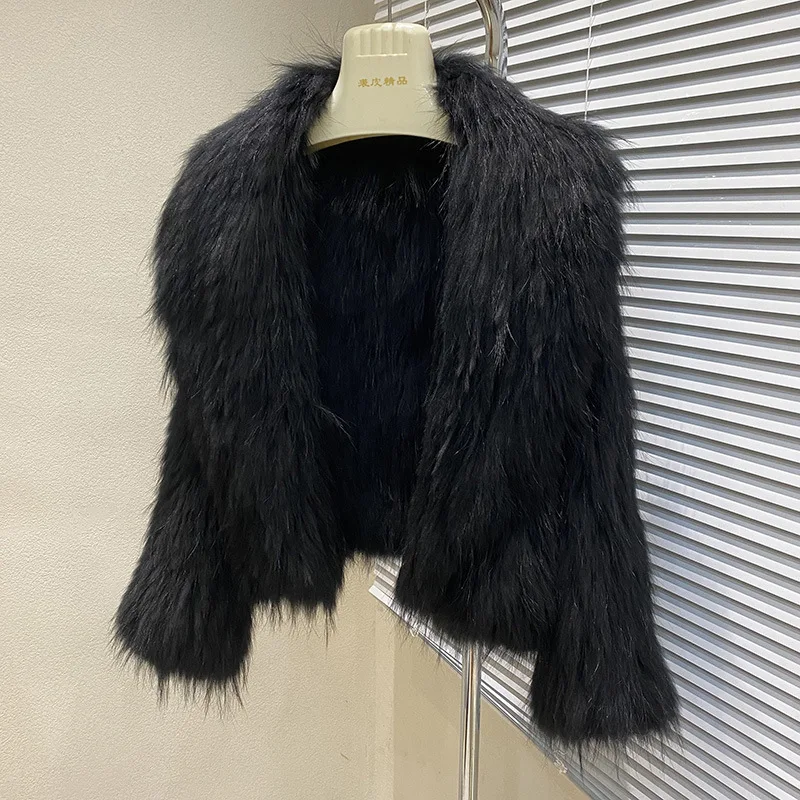 Autumn and winter new raccoon fur double-sided woven large lapel fur coat for women with high waist, short style, temperament