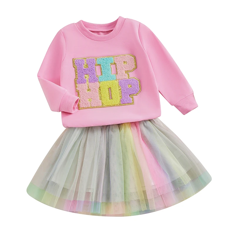 1-6Y Ragazze del bambino 2 pezzi Primavera Autunno Abiti Manica lunga Lettera Ricamo Felpa Top Tulle Maglia Gonna Set Set Vestiti per bambini Set