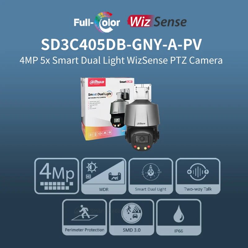 Imagem -02 - Dahua-ptz 4mp Ptz Câmera Aviso de Luz Inteligente Câmera Poe 27135 Milímetros Lente Zoom Óptico 5x Smd3.0 Ir30m Conversa Bidirecional Sd3c405db-gny-a-pv