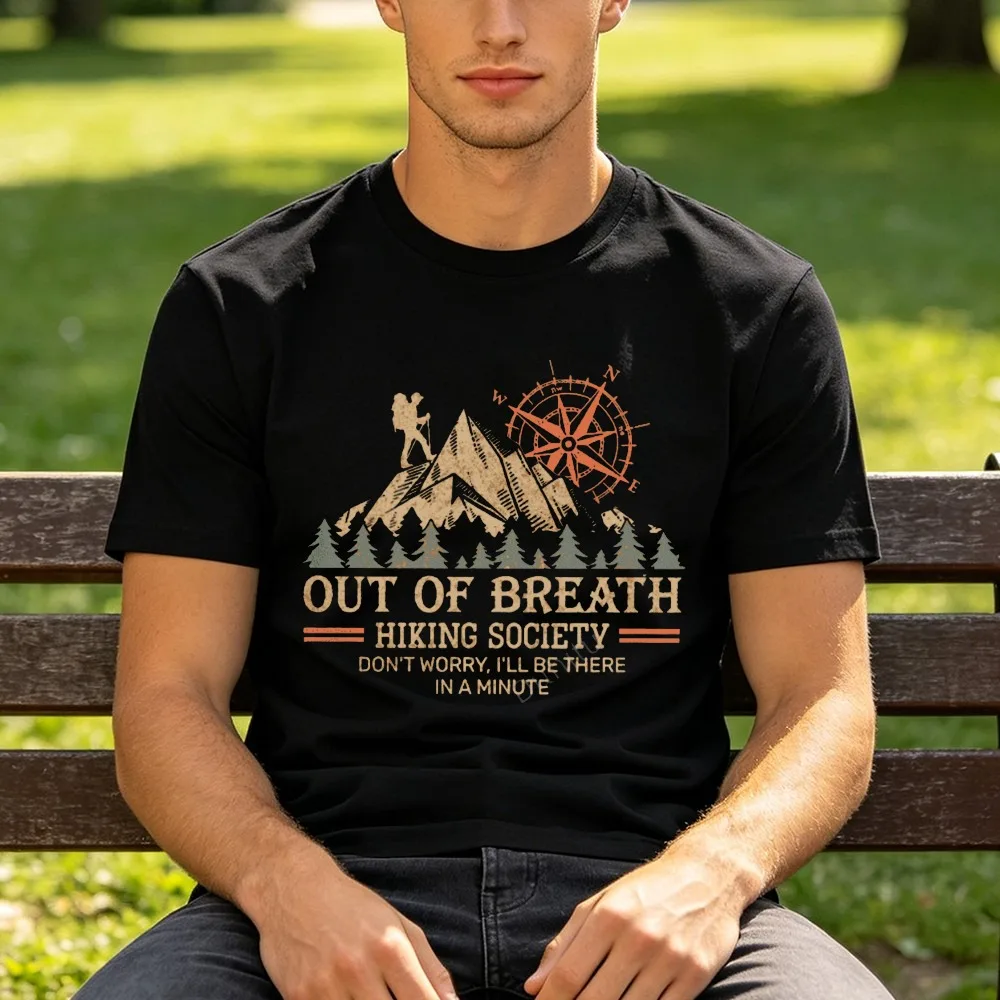 Out Of Breath Hiking Society Compass Mountain Graphic T Shirt Men Vintage Trekker Forest Cotton Tee Funny Outdoor Walker Tops