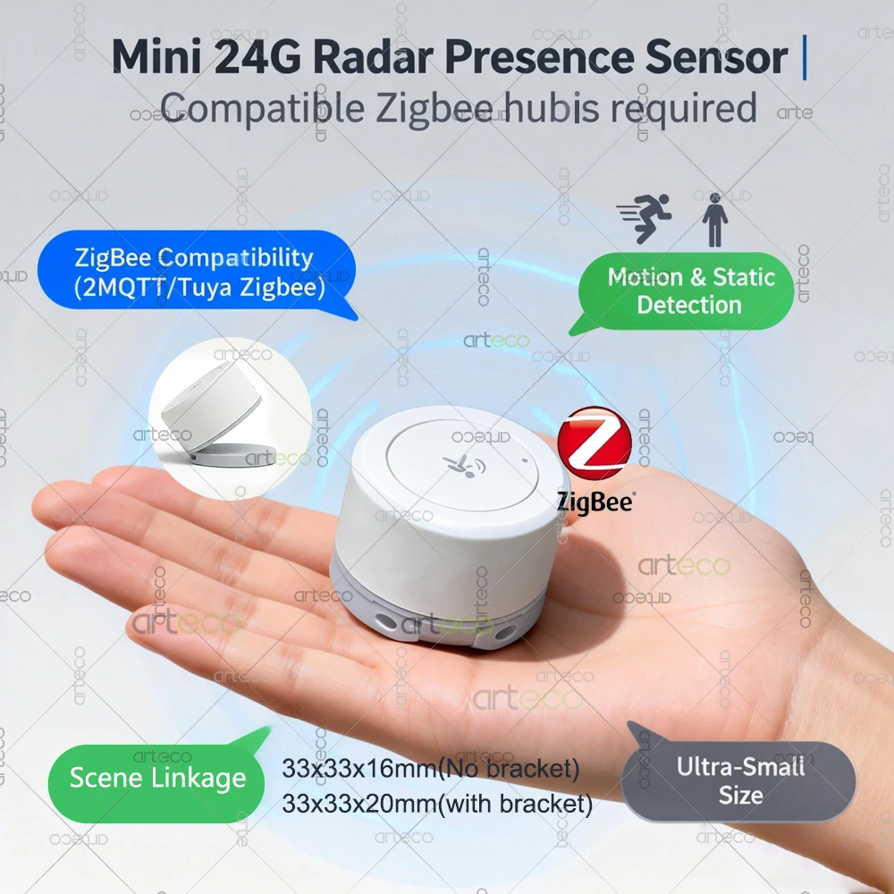 Zigbee Mini Human Presence Sensor 24G Mmwave Radar Detector With Static Motion Detection Security Alarm Support Tuya Zigbee2MQTT