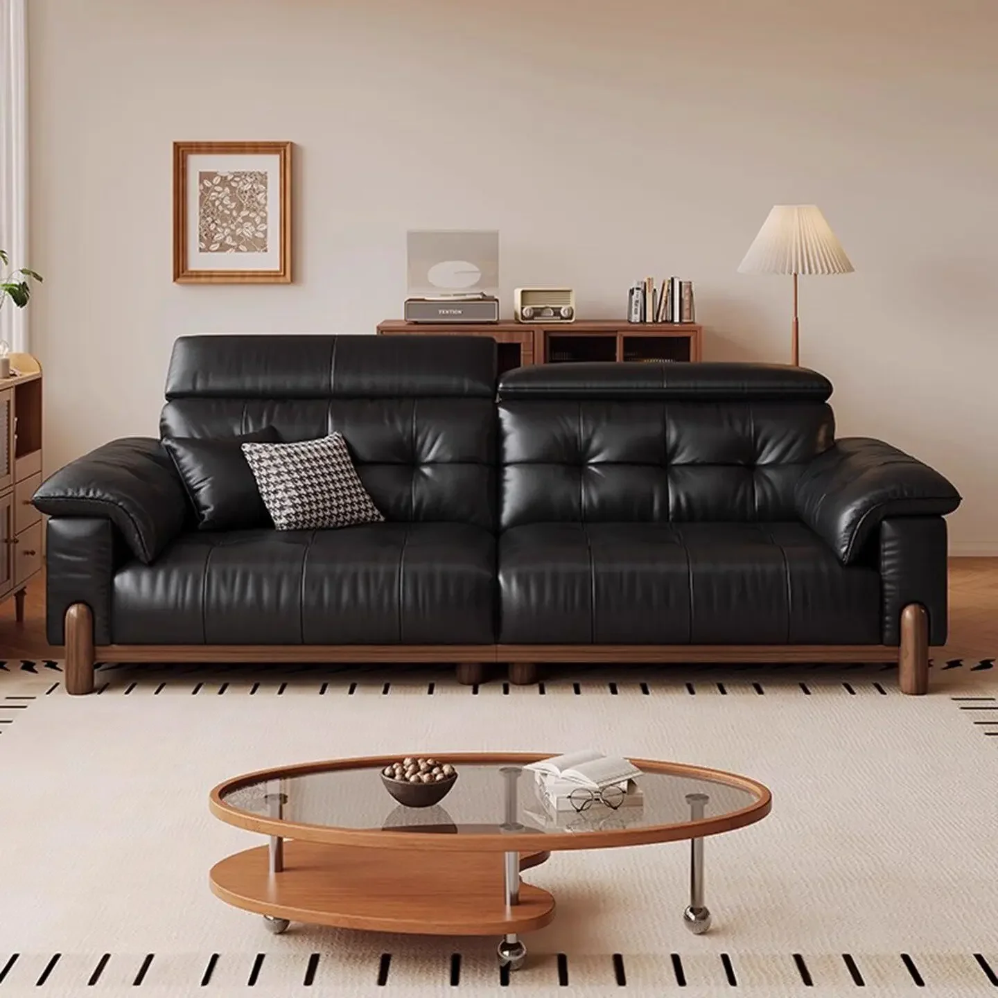 Medieval Solid Wood Leather Sofa Small Apartment Straight Row SofaX15
