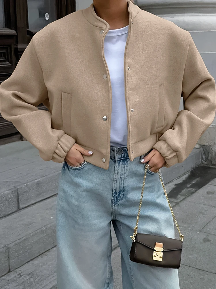 BKQU Khaki Bomber Jacket Women Vintage Long Sleeve Button Cropped Baseball Jackets With Pockets Autumn Winter Fashion Outerwear