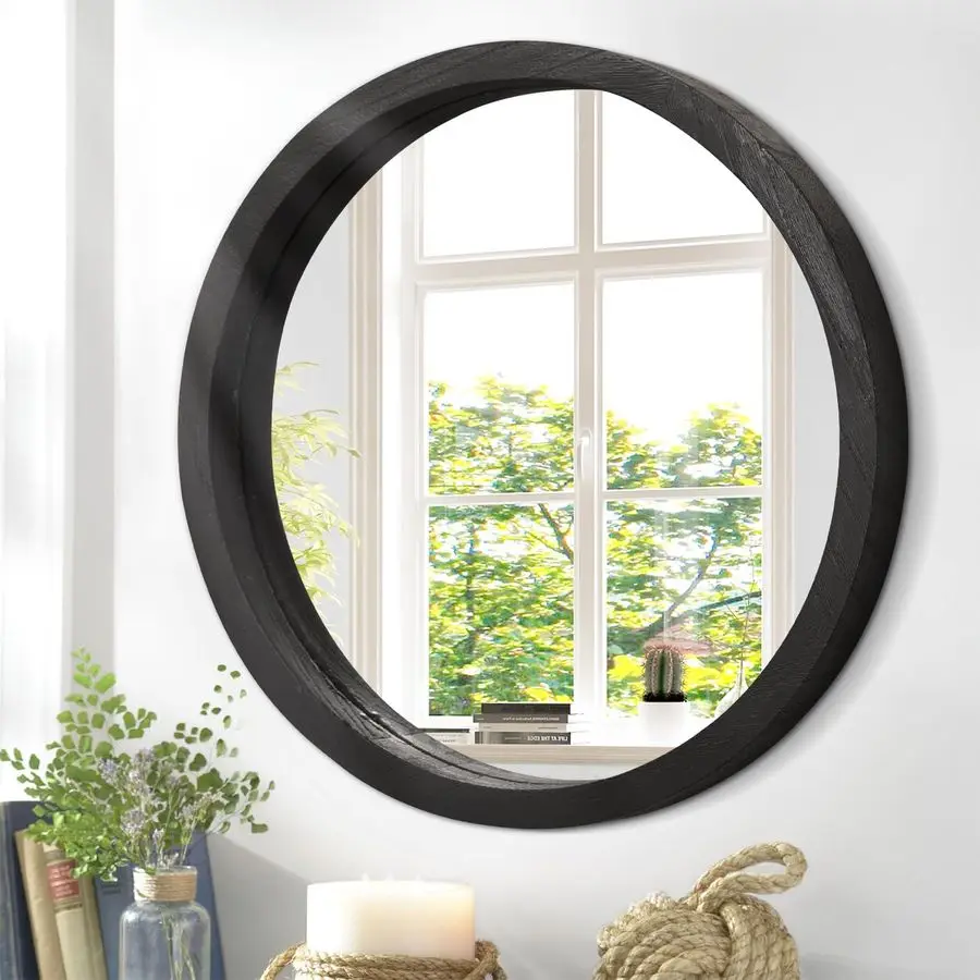 

Round Wall Mirror Circular Wall Mounted Mirror for Bathroom Large Circle Black Mirror for Decor Wooden Make up Mirror for Farmho