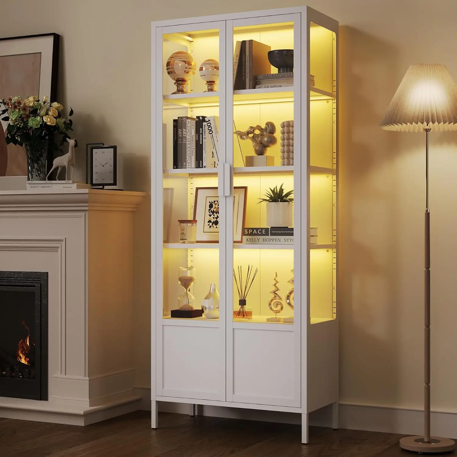 UNICOLY 4-Tier Glass Display Cabinet with Glass Doors