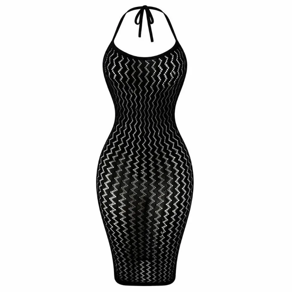 Hollow Out Halter Neck Bodycon Dress Mesh Cover Up Knitted Halter Midi Dress Fishnet See Through Backless Bodycon Dress