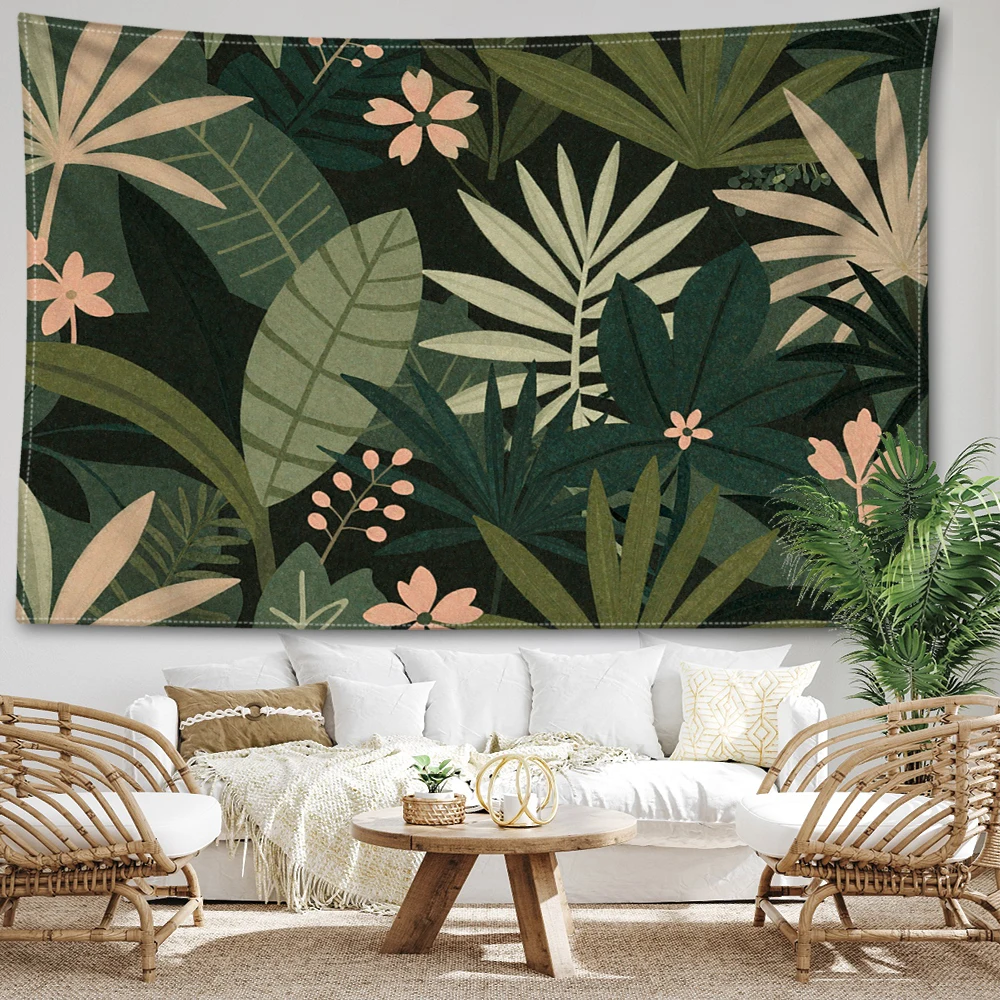 Deep Green Palm Leaf Hydrangea Scatter Printed Tapestry Wall Hanging Bohemian Style Bedroom Home Decor