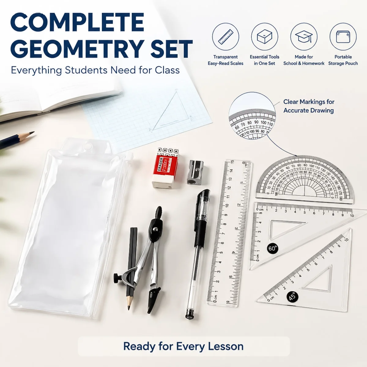 8 In 1 Geometry Compass Set, Ruler Protractor Gel Pen Eraser Sharpener, Student Stationery with Zipper Bag，Drawing Measuring