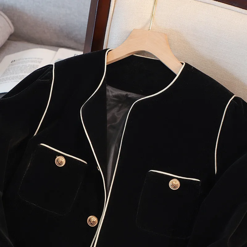 Spring Autumn New Leisure Fashion Temperament Women\'s Velvet Suit Coat 2023 Black Blazers