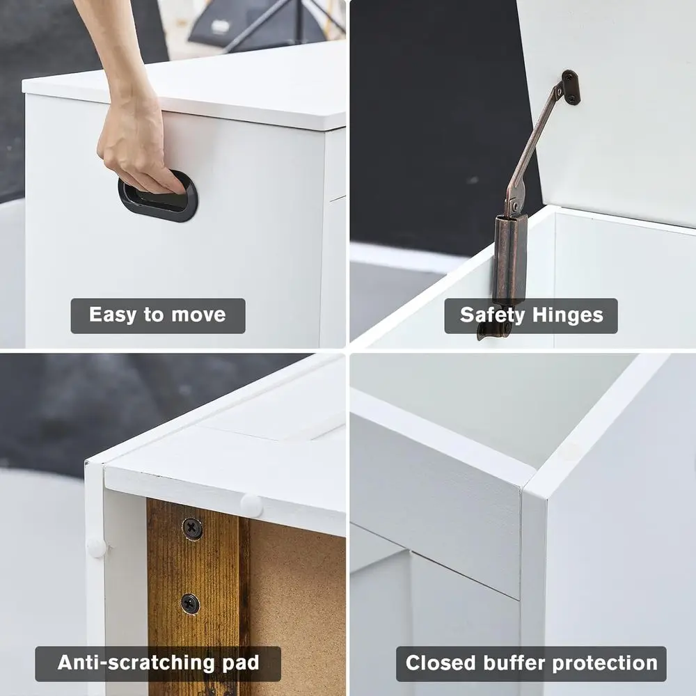 مقعد تخزين خشبي كبير مع مفصلات أمان، مثالي للمدخل وغرفة النوم وغرفة المعيشة، باللون الأبيض