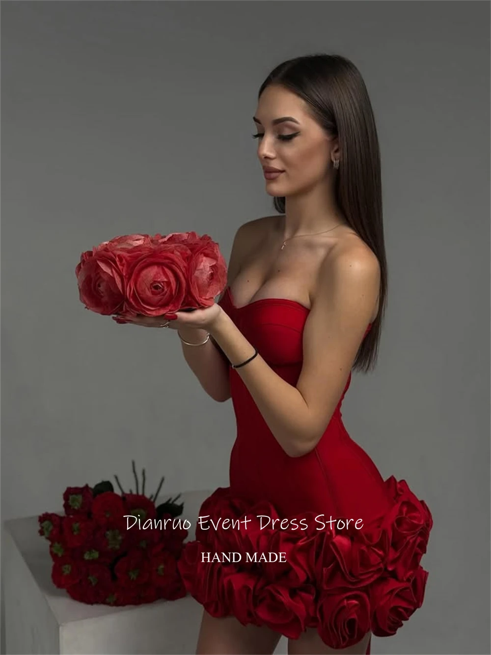 Dianruo Sleeveless Satin Prom Dress Above Knee A Line Birthday Dress Handmade 3D Florals Formal Homecoming Dresses Customized