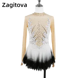 Zagitova White Figure Skating Dress For Women Girls Ice Skating Skirt Long Sleeve Black Gradient Diamonds