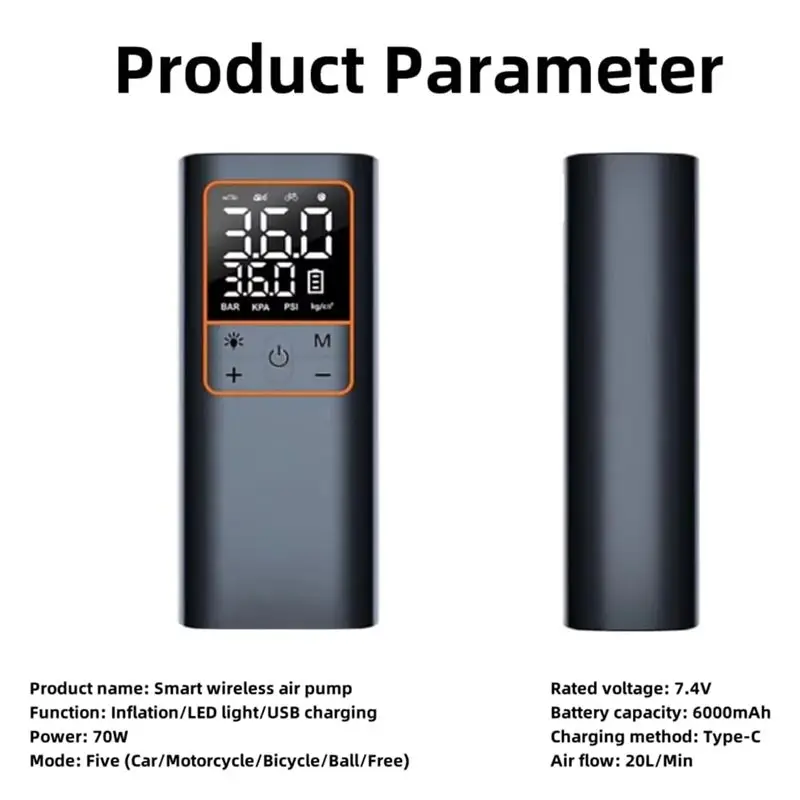 DT15 Cordless Tire Inflator Air Pump, Portable Air Compressor for Car Motorcycle Bike, Dual LCD Display LED Light