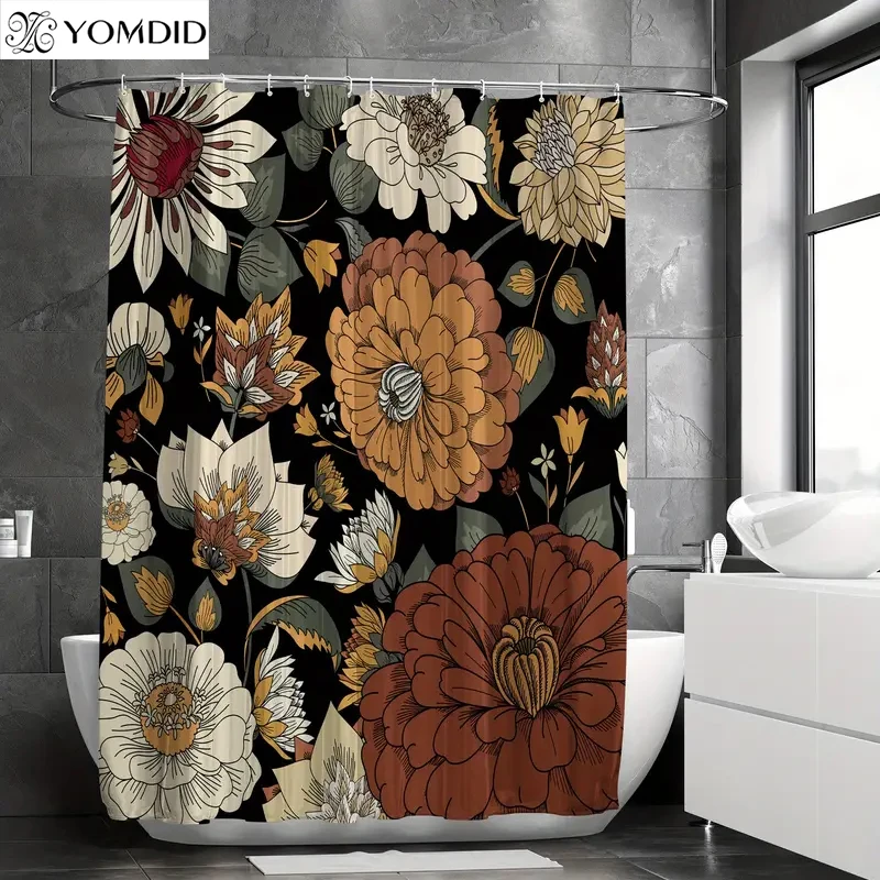 YOMDID 1/4pcs Vintage Boho Floral Shower Curtain Set Shower Curtain With Hooks Durable Mildew-Proof Bath Curtain Bathroom Decor