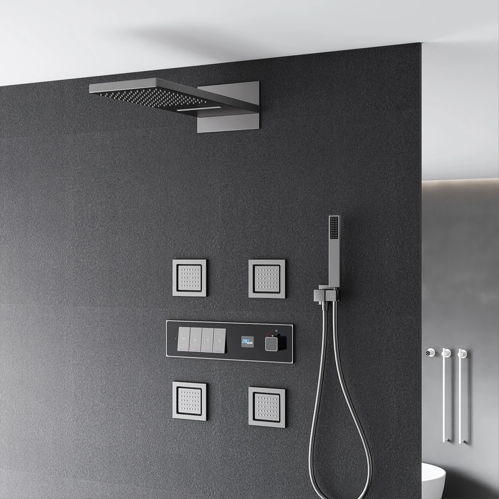 Gun abu-abu kuningan mewah LED tampilan digital sistem pancuran suhu konstan tertanam langit-langit mixer kamar mandi air panas dan dingin