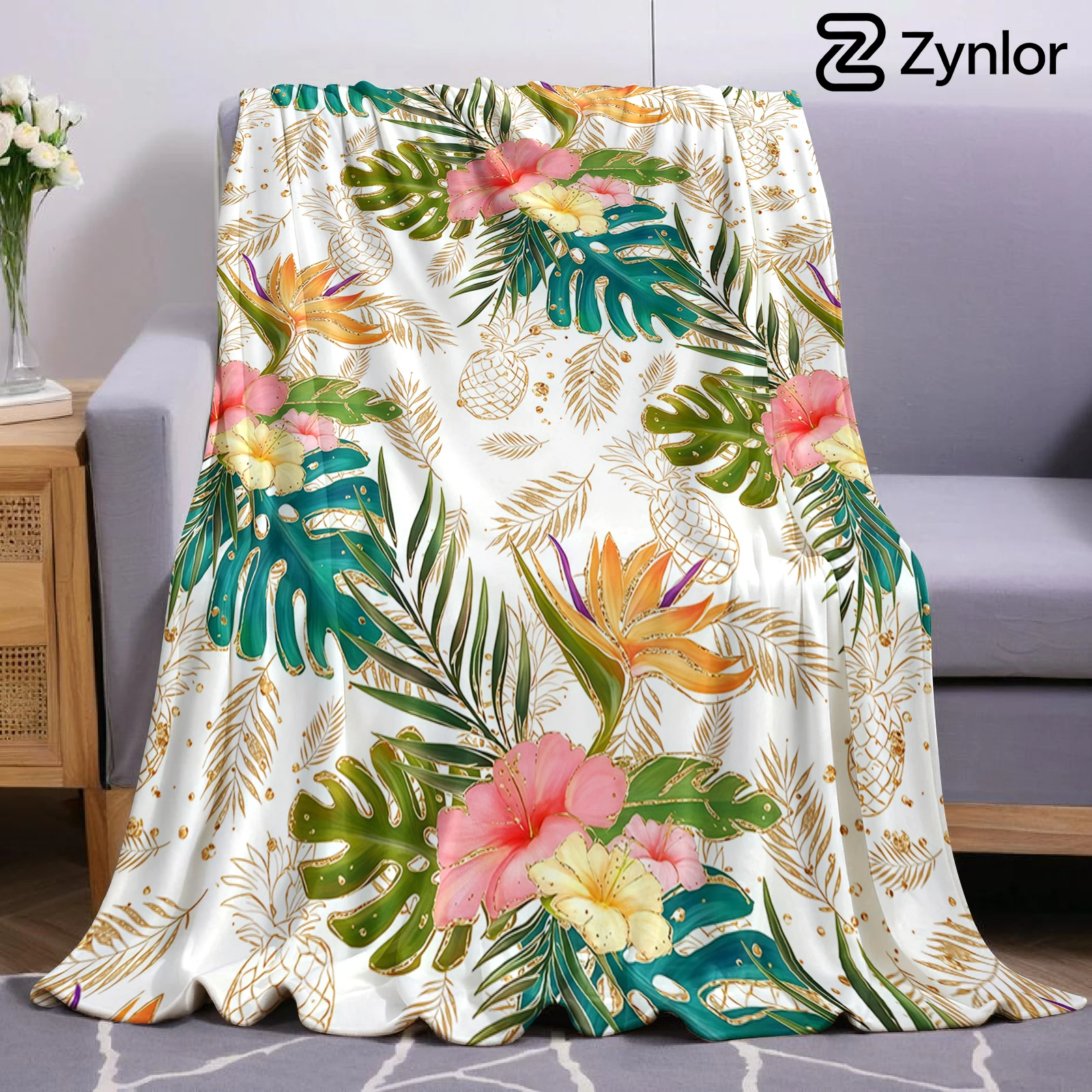 Tropic Gold Leaf Lightweight Microfiber Soft Christmas Fleece Blanket Warm Cozy Throw for Bed Sofa Office Travel All Season
