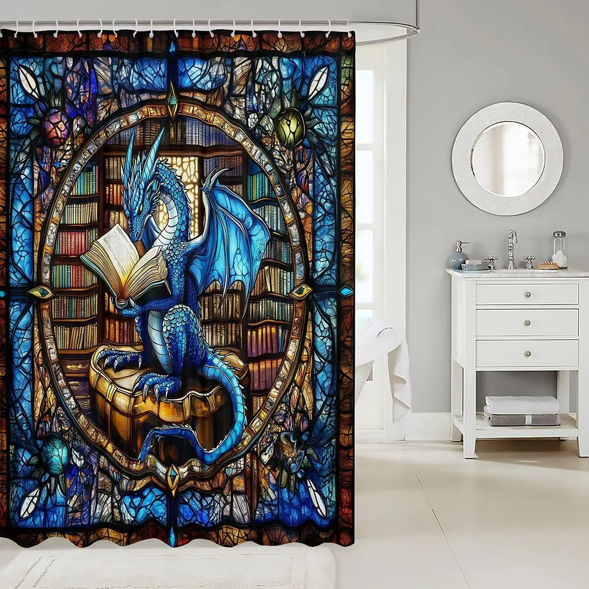 Western Blue Dragon Shower Curtain, Reading Dragon Bookshelf Pattern, Abstract Geometric Patchwork Trippy Chic Style Curtain