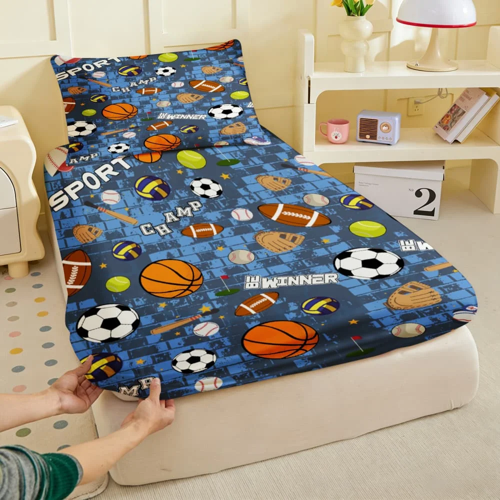 1pc All Sports Balls Print Fitted Sheet Deep Pocket Elastic Mattress Cover Single Double Queen King Bedroom Decor