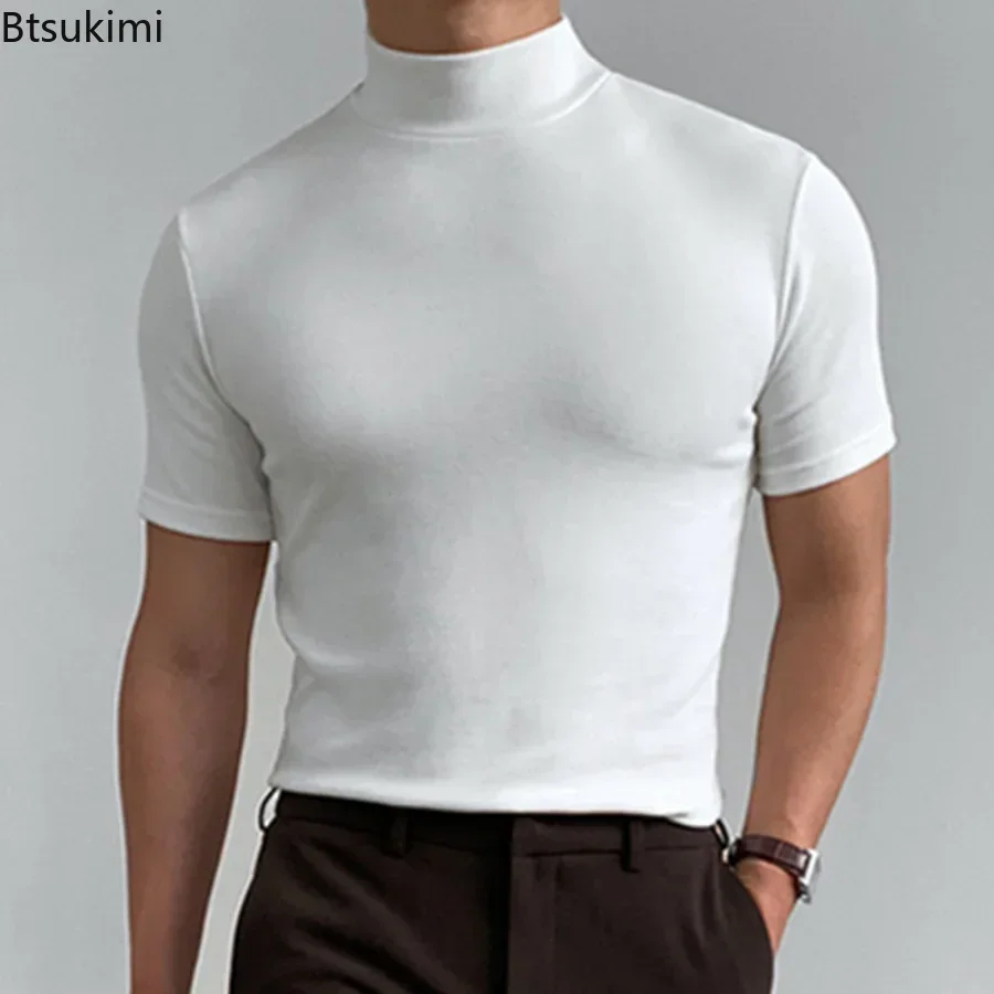 2024 Men\'s Summer Casual Tight T-shirt Solid Fashion Streetwear High-neck Short Sleeved Bottoming Shirt Male Oversized T Shirt