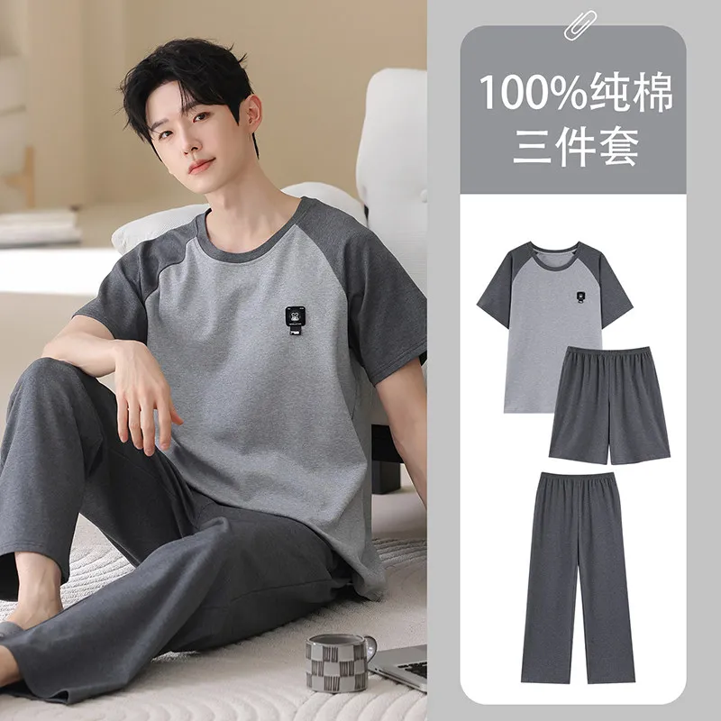 100% Cotton Men's Nightwear Short Sleeves Shorts Long Pant 3Pcs/set Homewear Summer Sleepwear Young Boy Pyjamas Hombre Dropship