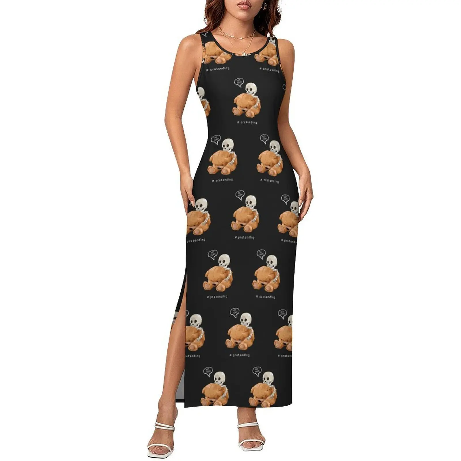 Bear Pretending Bodycon Dress Summer Skeleton Catches Bear Retro Maxi Dresses Women Sleeveless Pattern Aesthetic Dress 3XL 4XL