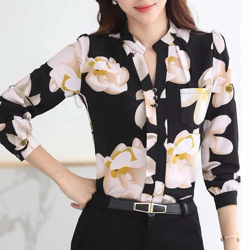 Fashion Print Long Sleeve Tops V-Neck Slim Chiffon Blouse Women Clothing 2023 Spring Business Office Work Wear Shirt Blusas 882G